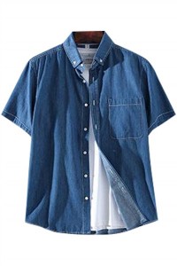 SKJN005 manufacturing short sleeve denim shirt design lapel denim shirt denim shirt center front view